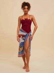 Travachic Damen tropisches Muster Bademode Set mit Rock als Cover-Up, verstellbare Träger Einteiliger Badeanzug mit Blumen Muster, figurbetont lässiger Stil, Sommer Strandurlaub, rückenfrei, hochbundiges Strandmode, Strandoutfit für Damen, sexy, Sommer Outfits für Frauen, für Strandurlaub im Sommer, Boho, Urlaub, Leinen, Häkelei