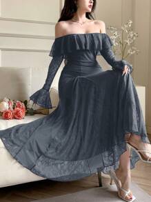 DAZY 春夏女士性感裹身中长连衣裙优雅荷叶边 - 霧霾藍 - 查看 2