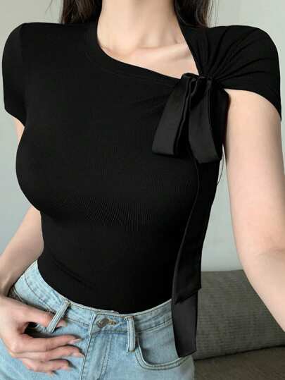 DAZY Camiseta deportiva casual con lazo para mujer, ajustada, de verano