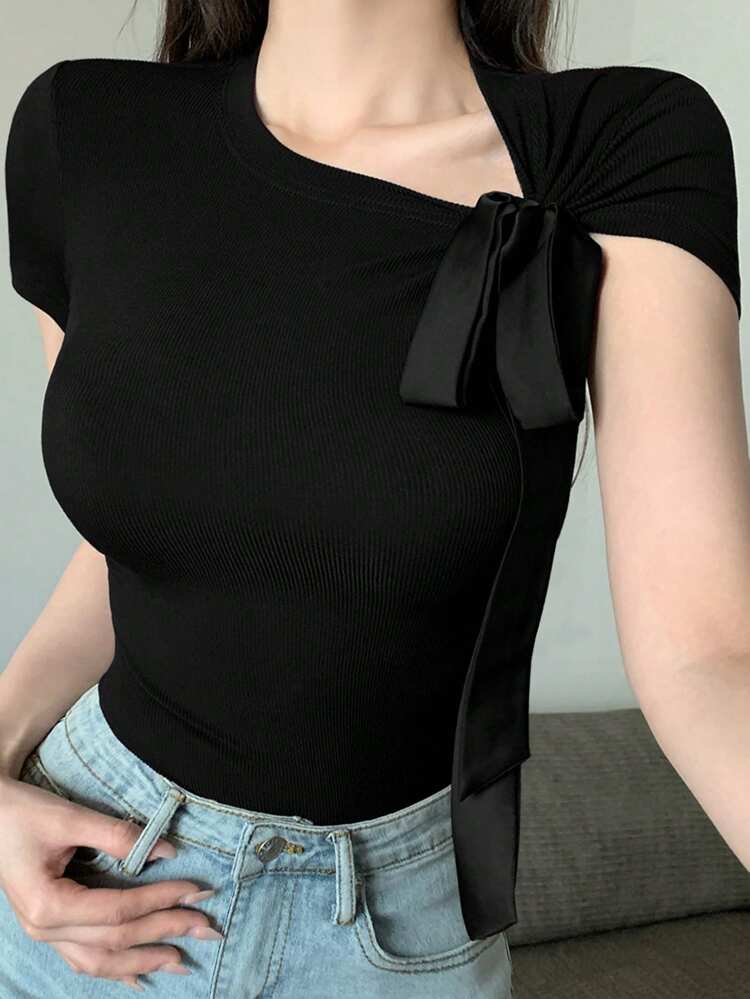 Women's Bowknot Casual Sportswear Tee, Tight Fit, Summer