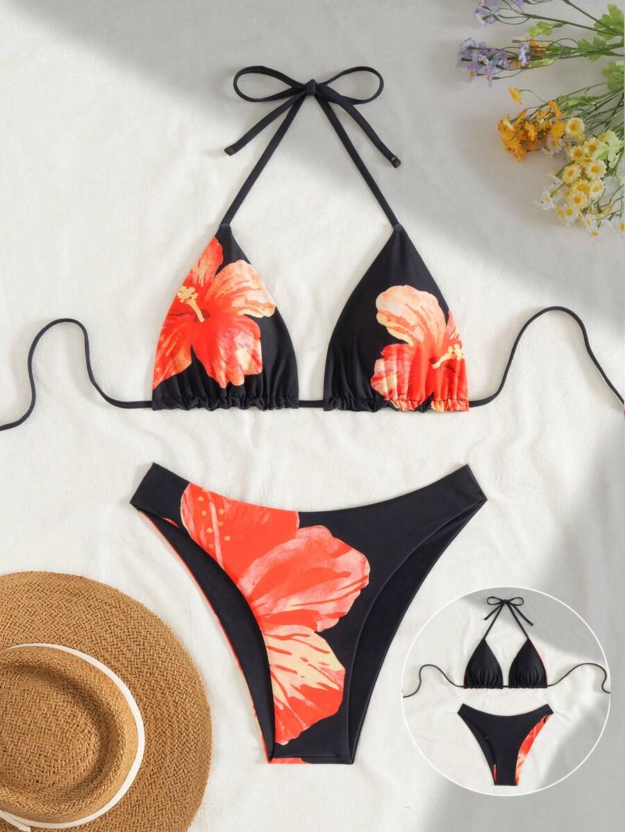 Spring Break Pattern Print Halter Backless Top And Cute Patterned Shorts Bikini Set For Women, Fashion Resort Wear For Summer Beach Vacation - Multicolor - View 1