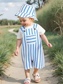 SHEIN 2pcs/Set Baby Boy Casual Cute Striped Jumpsuit With Hat Clothes, Suitable For Spring/Summer Home & Outdoor Wear