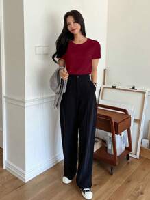 DAZY Casual Versatile Solid Color Round Neck Short Sleeve T-Shirt Preppy Tops - Burgundy - View 4