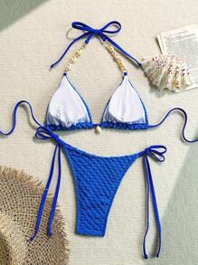 SHEIN Swim Women Shell Beaded Halter Bikini Top And Low Waist Knotted Bikini Bottom For Summer Beach Vacation - Royal Blue - View 7