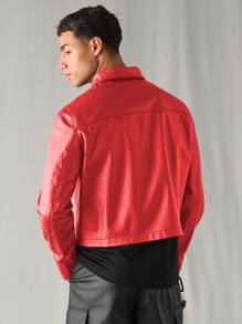 SWAVVY 男士编织休闲长袖开襟拉链红色夹克，复古摇滚风，秋季款 - 紅色 - 查看 2