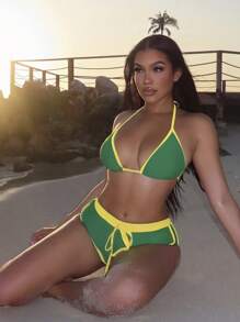 Swim SXY 2pcs/Set Women Summer Beach Halter Neck Tied Back Green Triangle Bikini Swimwear Sets - Green - View 7