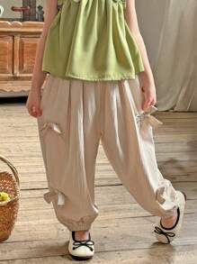 SHEIN LMoss Kids 年轻女孩宽松纯色抽绳九分裤 - 杏色 - 查看 6