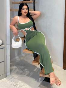 SHEIN SXY 女士腰部镂空露背迷你连衣裙 - 軍綠色 - 查看 4