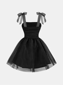 SHEIN Tween Girl Cute Mesh Bowknot Ruched Double Layer A-Line Dress - Black - View 2
