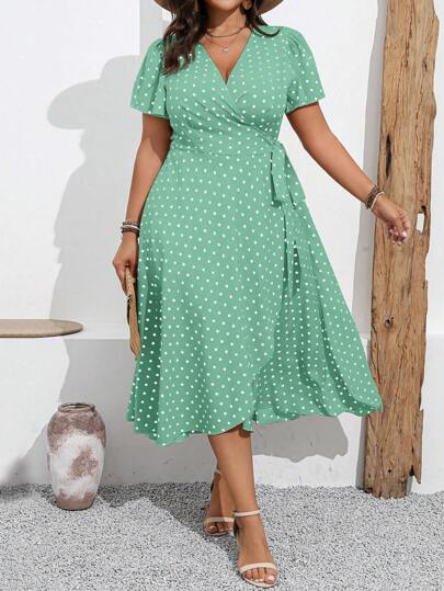 Rometta Vestido largo con cinturón anudado y estampado de lunares para mujer de talla grande, perfecto para vacaciones y tiempo libre