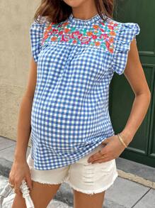 SHEIN Zwangerschapsblouse met blauwe ruit en ruches en bloemenborduurwerk