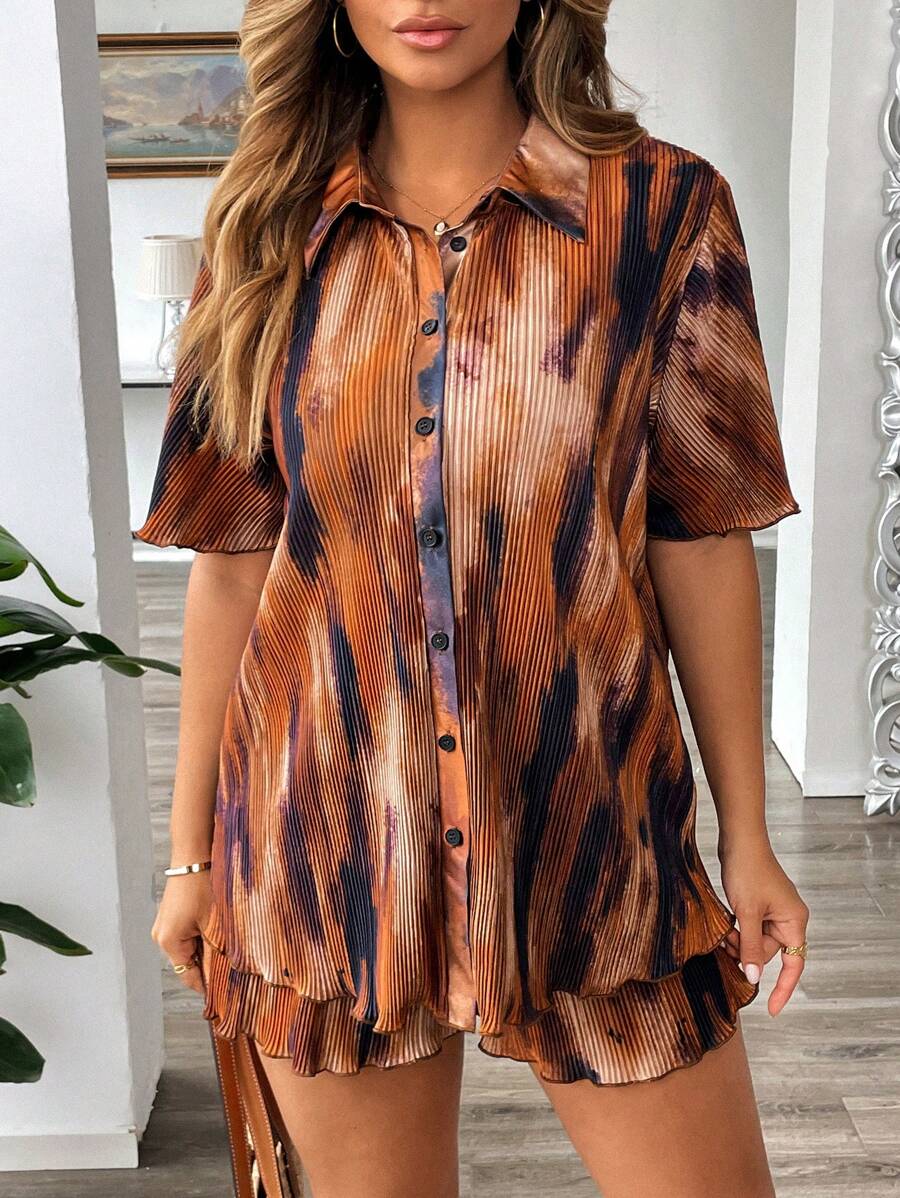 Flirla Plus Size Women Tie Dye Short Sleeve Single-Breasted Shirt & Shorts 2 Pieces Set, Casual