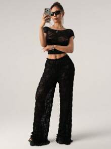 SHEIN ICON Women's Straight Lace See Through Elastic Waist Loose Pants