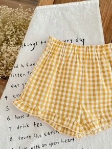 SHEIN LMoss Kids LMoss Young Girl 少女宽松休闲格纹编织短裤 - 黃色 - 查看 5