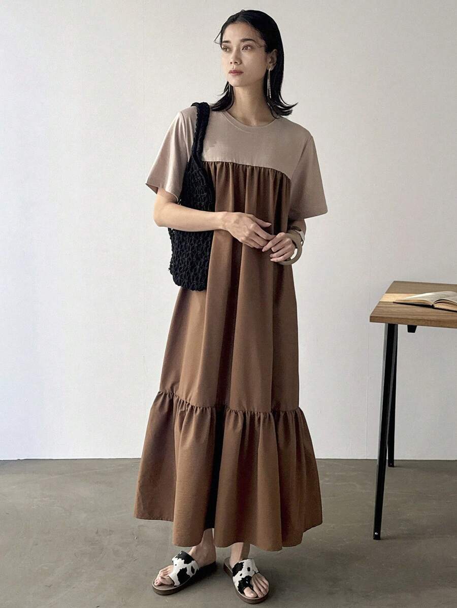 FRIFUL Women's Colorblock Round Neck Short Sleeve Ruffle Hem Mid-Length Dress