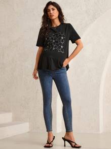 MaterniWear Áo thun bà bầu tay ngắn trang trí sequin chắp vá, mùa hè trở lại trường - màu đen - Xem 6