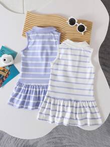 SHEIN Playful Pals 2pcs Baby Girl Summer Striped Lapel Strap Dress - Multicolor - View 2