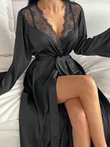 DAZY 蕾丝缎面拼接长款睡袍，女士睡衣，秋季、冬季情人节 - 黑色 - 查看 7