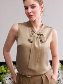 MOTF PREMIUM 100% SILK TIE NECK SLEEVELESS BLOUSE, SPRING SUMMER SATIN BLOUSE - Apricot - View 6