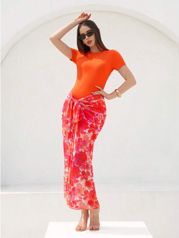 Swim Shayni Beach Summer Outfits For Women - 2pcs Set: Solid Color Round Neck Short Sleeve Back Zipper One-Piece Swimsuit + Random Print Modest Beach Dress Beach Resort 2 Pieces Set