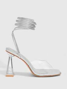 CUCCOO SZL Women Silver Square Toe Thick Heel Criss-Cross Strap Transparent Glass Lacquer Sandals - Silver - View 3