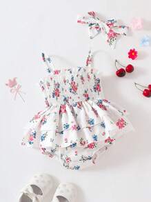 SHEIN Baby Girl Summer Bodysuit With Flounce Hem, Cute And Versatile For Daily Wear - White - View 1