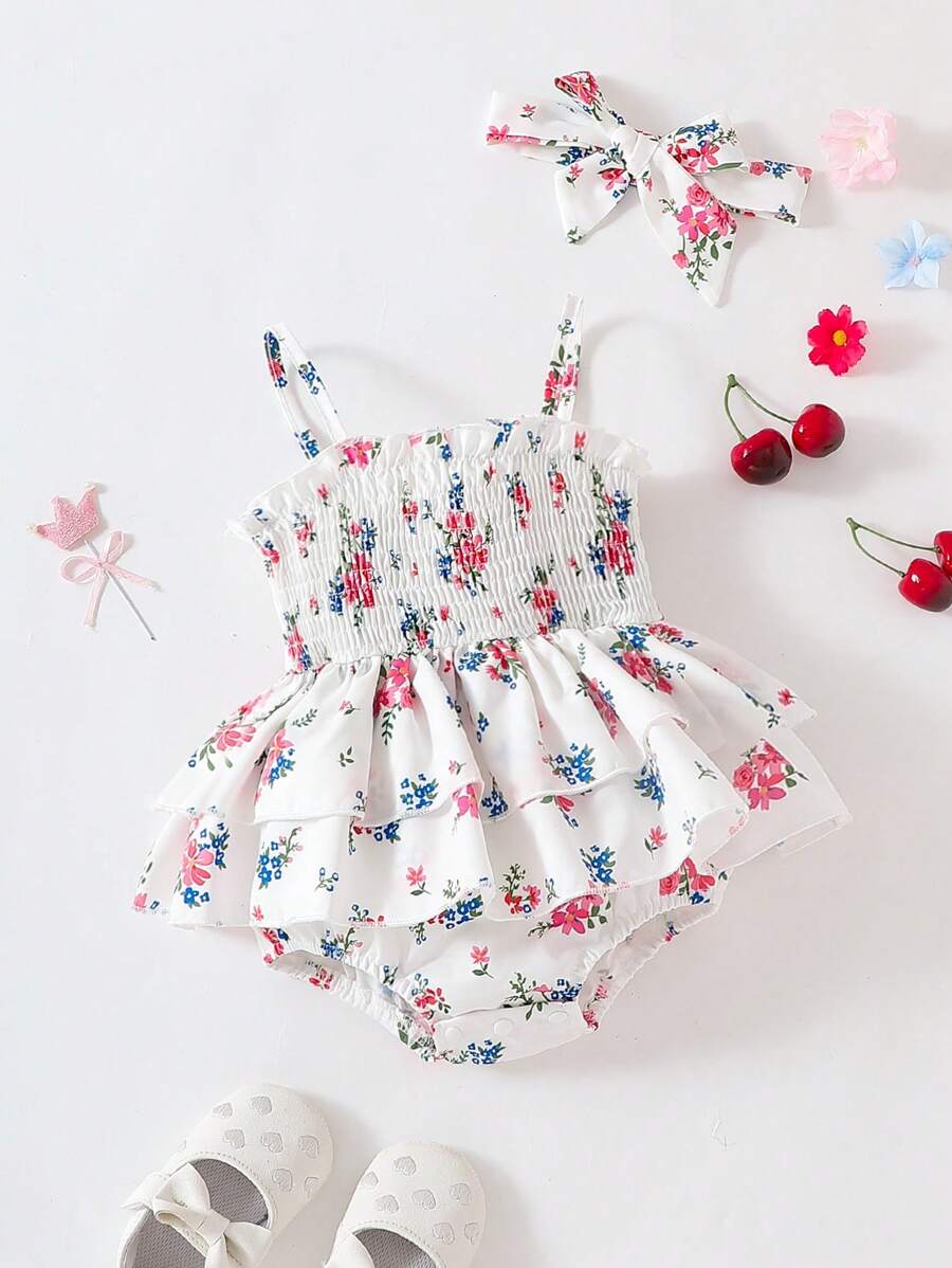 SHEIN Baby Girl Summer Bodysuit With Flounce Hem, Cute And Versatile For Daily Wear - White - View 1