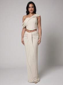 Silquee Premium Quality Graduation Spring/Summer "Luxury In Linens, Take It Slow, Timeless Linens" Solid Beige, Apricot, Natural White Linen Women's Fashion Asymmetrical Neck Ruched Slim Fit Top. - Beige - View 5