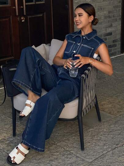 Livesso Conjunto de chaleco vaquero de ajuste holgado y pantalones vaqueros de pierna ancha para mujer