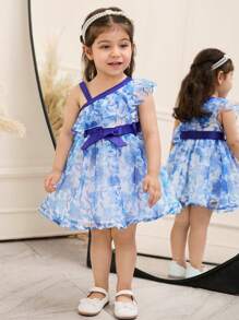 SHEIN Babygirl Elegant Summer Cute Floral Organza Color Block Dress - Blue - View 3