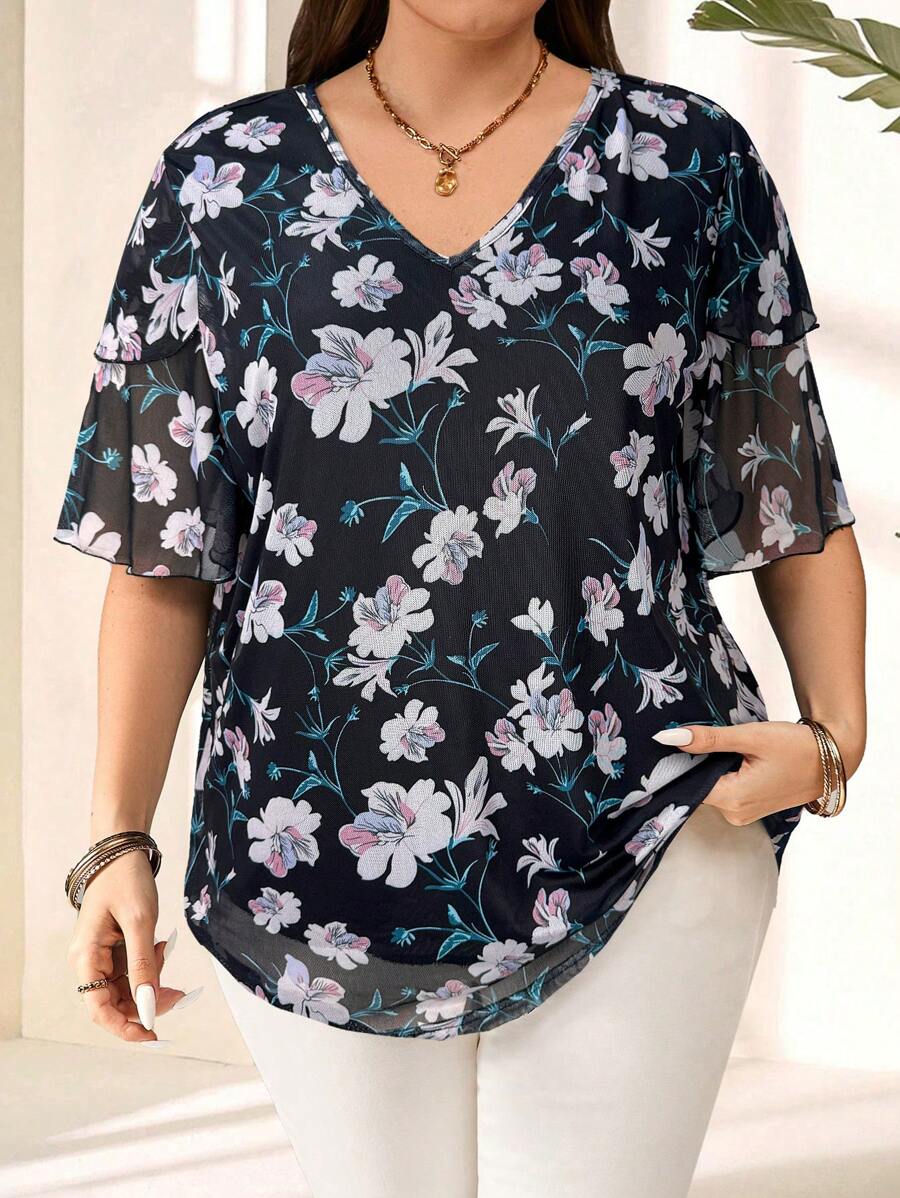 EMERY ROSE Plus Size Women Floral Print Ruffle Sleeve Blouse,Summer