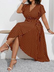 SHEIN Clasi Plus Size Polka Dot Print Tie Waist Wrap Dress For Vacation & Leisure Maxi Women Outfit