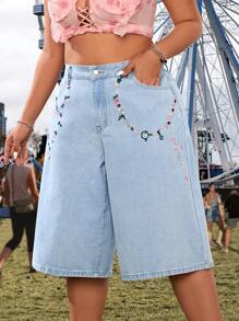 SHEIN ICON Pantaloni 3/4 da vacanza con ricamo, abbigliamento da rave, festival, taglia comoda