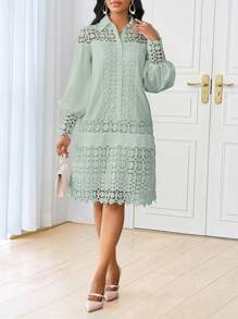 SHEIN Lady 春夏休闲优雅工作白色撞色蕾丝衬衫裙束腰连衣裙中长款女士连衣裙 - 薄荷綠 - 查看 4