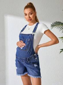 SHEIN Maternity Casual Distressed Denim Bib Shorts - Medium Wash - View 3