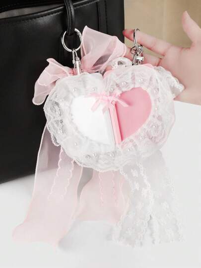 Kawaii 2 piezas de portador de tarjeta y decoración de llavero con estilo coreano, kawaii, delicado y versátil, de alta calidad, con encaje rosa y blanco, malla, lazo, perlas falsas y borde con forma de corazón transparente, adecuado para trabajadores de oficina, estudiantes, uso diario y regalo de vacaciones
