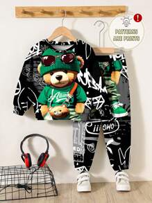 SHEIN 2 件套宽松休闲卡通熊印花运动衫和裤子套装，适合年轻男孩，夏季服装 - 彩色 - 查看 5