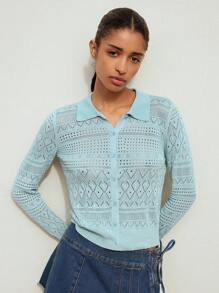 Maija Áo len cardigan dệt rỗng màu trơn đơn giản thời trang mùa hè màu xanh lam cho nữ, cài nút phía trước, phong cách Bohemian, tối giản, thời trang đi biển - màu xanh lá - Xem 3