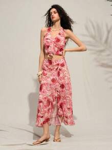 SHEIN LUNE Conjunto de 2 piezas de top halter estampado floral y mini falda de estilo bohemio y vacaciones para mujeres, atuendo de vacaciones para mujeres