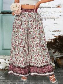 Breezaya Pantalones anchos de vestir informales con estampado floral para mujer de tallas grandes, con cordón en la cintura