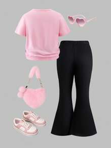 SHEIN 2pcs/Set Young Girl Casual Daily Wear Pink Short Sleeve Bow T-Shirt And Black Flare Pants, Summer Cute Outfit