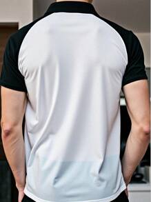 Manfinity Dauomo Men's Sporty Color Block Short Sleeve Polo Shirt, Casual For Spring And Summer - Black and White - View 2