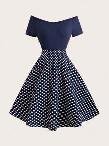 Sweetra Women High Waist A-Line Knee-Length Polka Dot Short Sleeve Dress (Random Cutting)