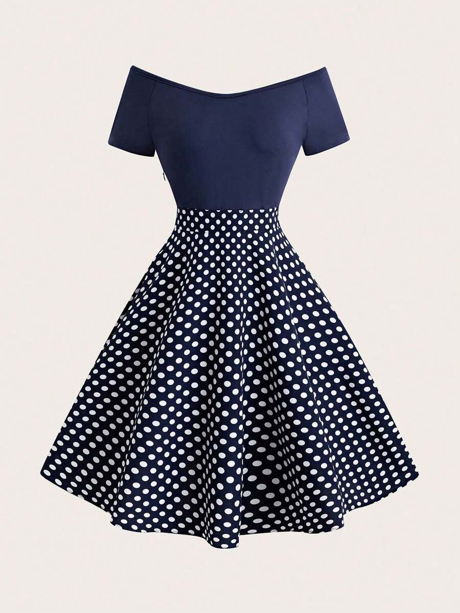 Sweetra Women High Waist A-Line Knee-Length Polka Dot Short Sleeve Dress (Random Cutting)