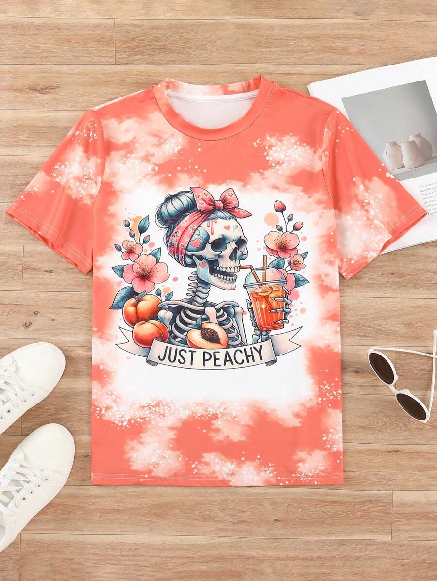 INAWLY 女士花卉骷髅印花圆领短袖休闲 T 恤 - 彩色 - 查看 1