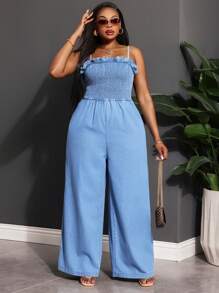 Slaydiva Jumpsuit aus blauem Denim in Große Größen mit sexy Trägern und weitem Bein