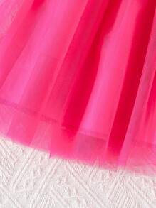 Young Girls' Summer Mesh Splicing Cap Sleeve Cute Dress - Hot Pink - View 5