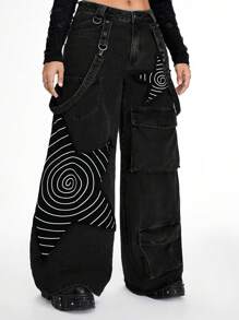 ROMWE Grunge Punk Quần ống rộng rộng rãi có miếng vá sao giặt Punk Distressed cho nữ cỡ lớn - màu đen - Xem 7
