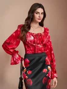 Chiquease Women's Elegant Printed Square Collar Shirt, Minimalist Style For Casual Daily Wear Fall Cloth For Women