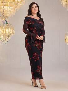 Modelyn Vestido elegante de mujer talla grande con manga de campana y estampado floral off shoulder